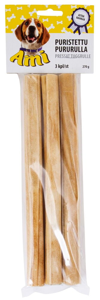 Kolme vaaleanruskeaa pururullaa pakattuna kirkkaaseen muoviin, jossa keltainen koira-aiheinen yläosa.