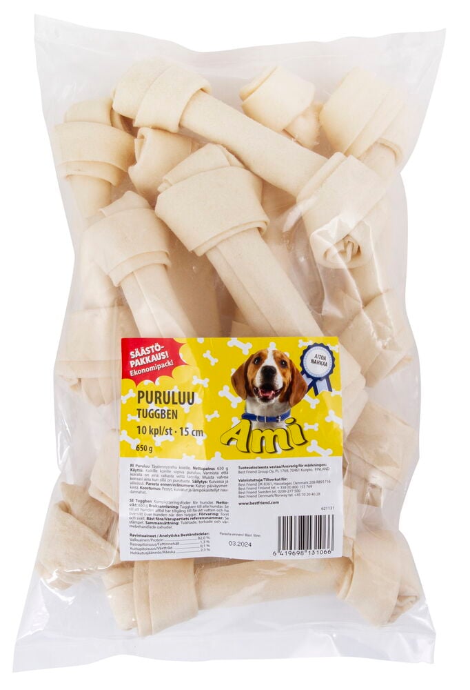 Vaaleanbeiget Pururulla Ami 10-pack, 650 g koiran puruluut kirkkaassa muovipussissa, jossa keltainen etiketti.