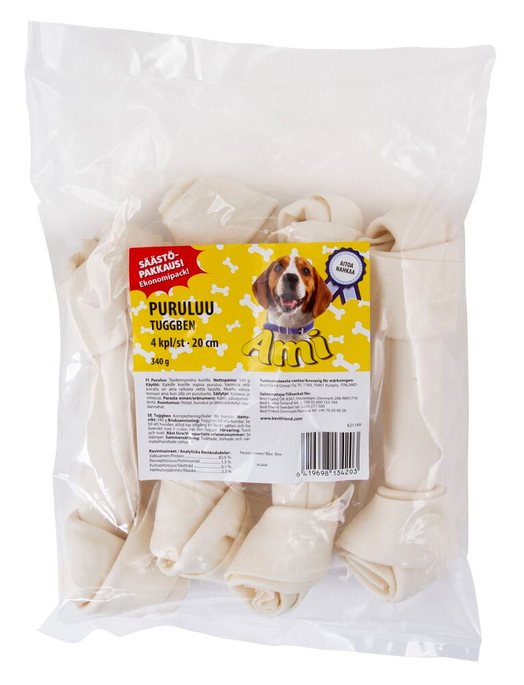 Pururulla Ami 4-pack, 340 g: useita luunvalkoisia luita läpinäkyvässä pussissa keltaisella etiketillä.
