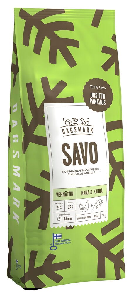 Vihreä Dagsmark 2 kg Savo Wheat-free Chicken & Oats koiran kuivaruokapussi ruskealla lehtikuviolla.