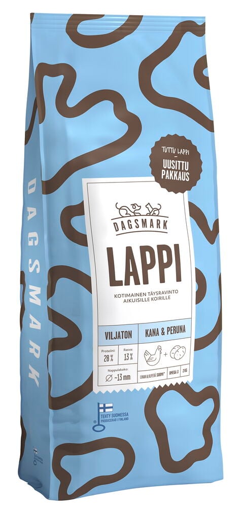 Koiran kuivaruoka Dagsmark 2 kg Lappi Grain-Free Chicken & Potato on vaaleansininen pussi ruskein kuvioin.