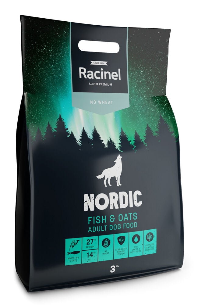 Musta 3 kg:n aikuisten koiran kuivaruokapussi revontuli-, puu- ja susikuvioinnilla.