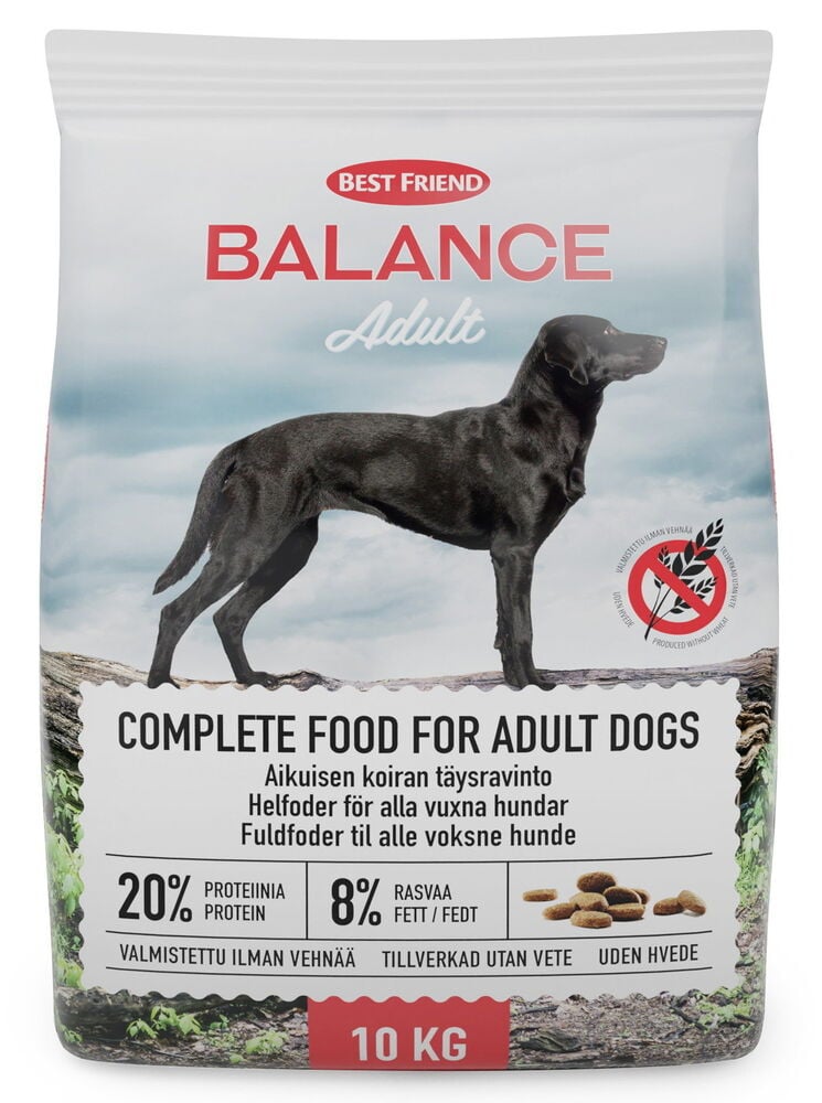 Vit Best Friend Balance Adult 10 kg torrfoderpåse med svart hundmotiv och vetefri symbol.