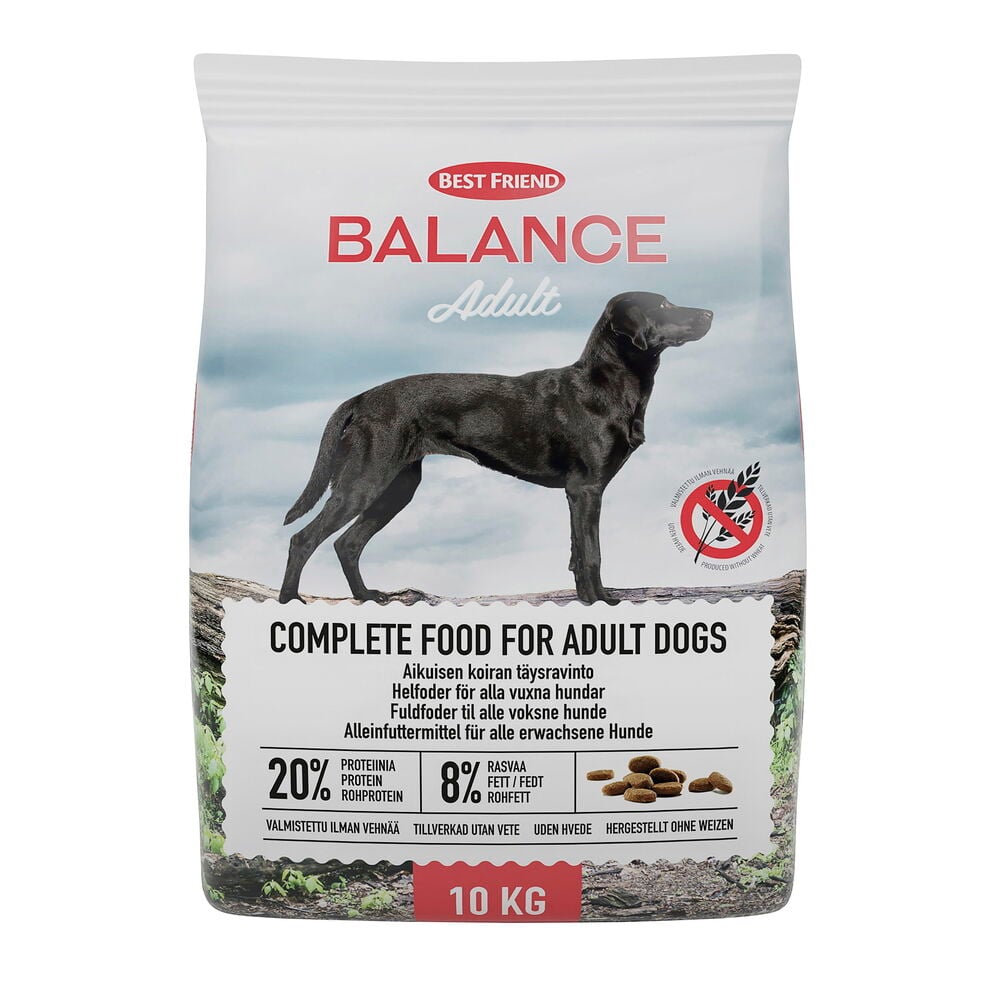 En hvit pose Tørrfôr, hund Best Friend Balance 10 kg Adult med bilde av en svart hund.