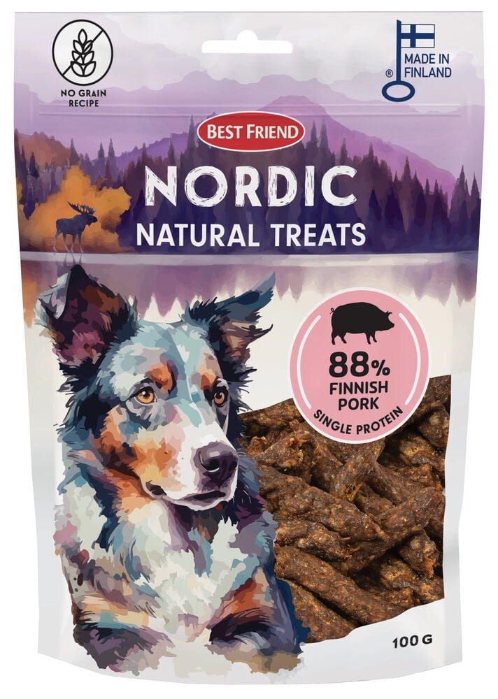 Valkoinen pussi Koiran herkut Nordic Natural 100 g Sianliha, 88% sianlihaherkkuja ja koirapiirros.