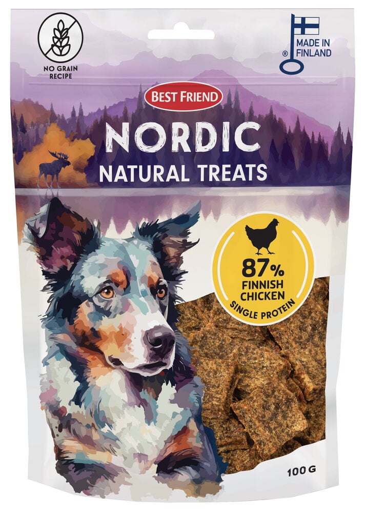Läpinäkyvä pussi Koiran herkut Best Friend Nordic Natural 100 g Kana, jossa koirakuva ja tuotetiedot.