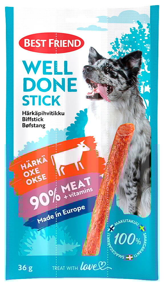 Koiran herkut Best Friend Well Done Sticks 3x12 g Naudanliha, sinivalkoinen pakkaus, herkkutikku ja koira.