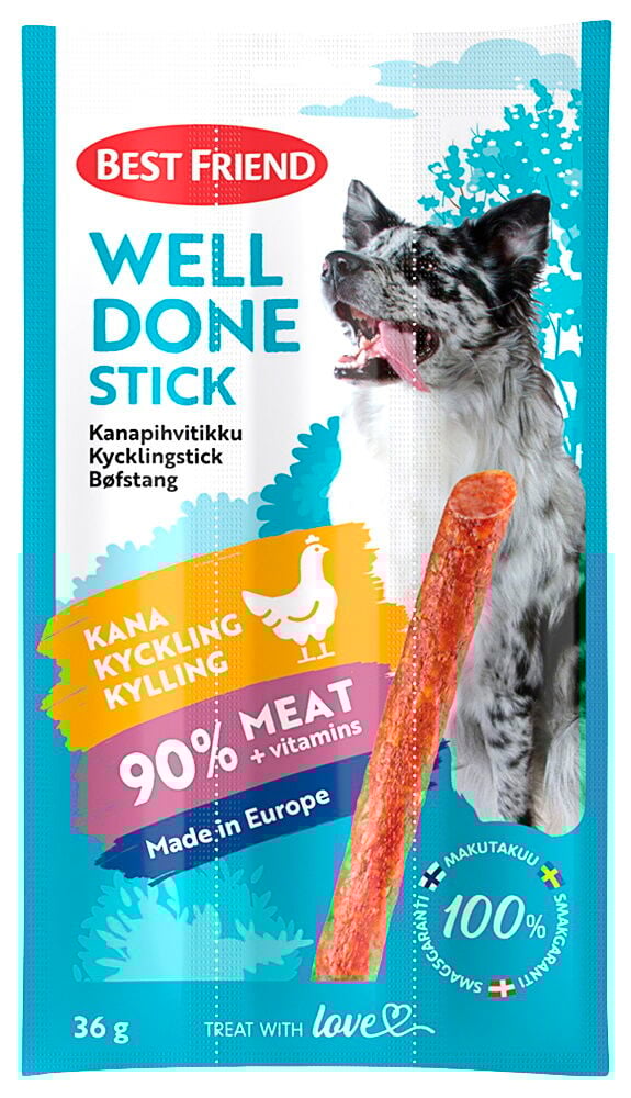Best Friend Well Done Sticks 3x12 g Kana koiran herkut pakkaus iloisen koiran ja näkyvän herkkutikun kanssa.