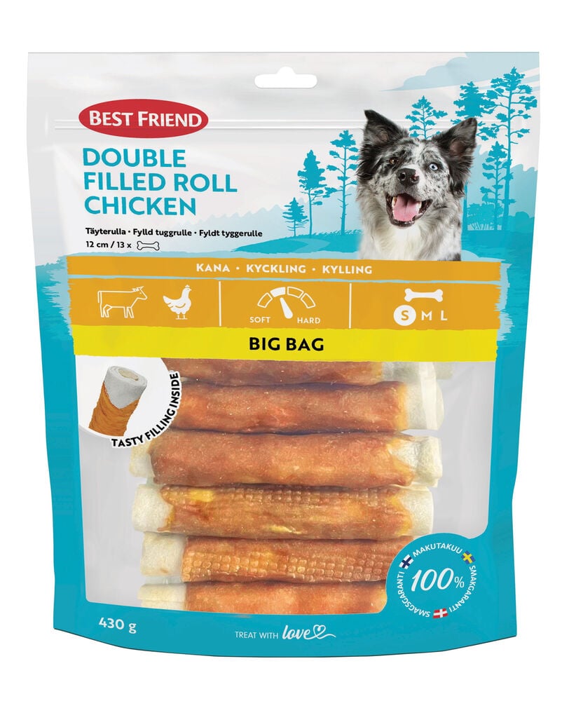 Läpinäkyvä pussi Best Friend 13-pack, 430g Double Filled Chicken pururulla, kullanruskea valkoisella täytteellä.