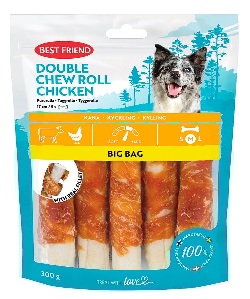 Viisi kananlihalla päällystettyä valkoista pururullaa näkyy läpinäkyvässä Best Friend Double Chicken pururullapakkauksessa.