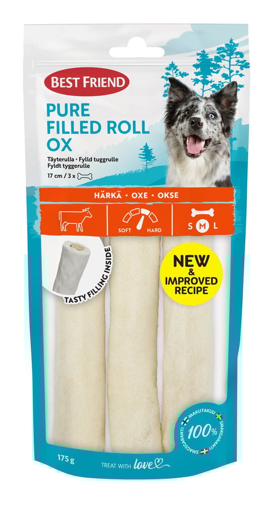 Pururulla Best Friend 3-pack, 175 g Filled Ox, kolme valkoista täytettyä pururullaa kirkkaassa pakkauksessa koiran kuvalla.