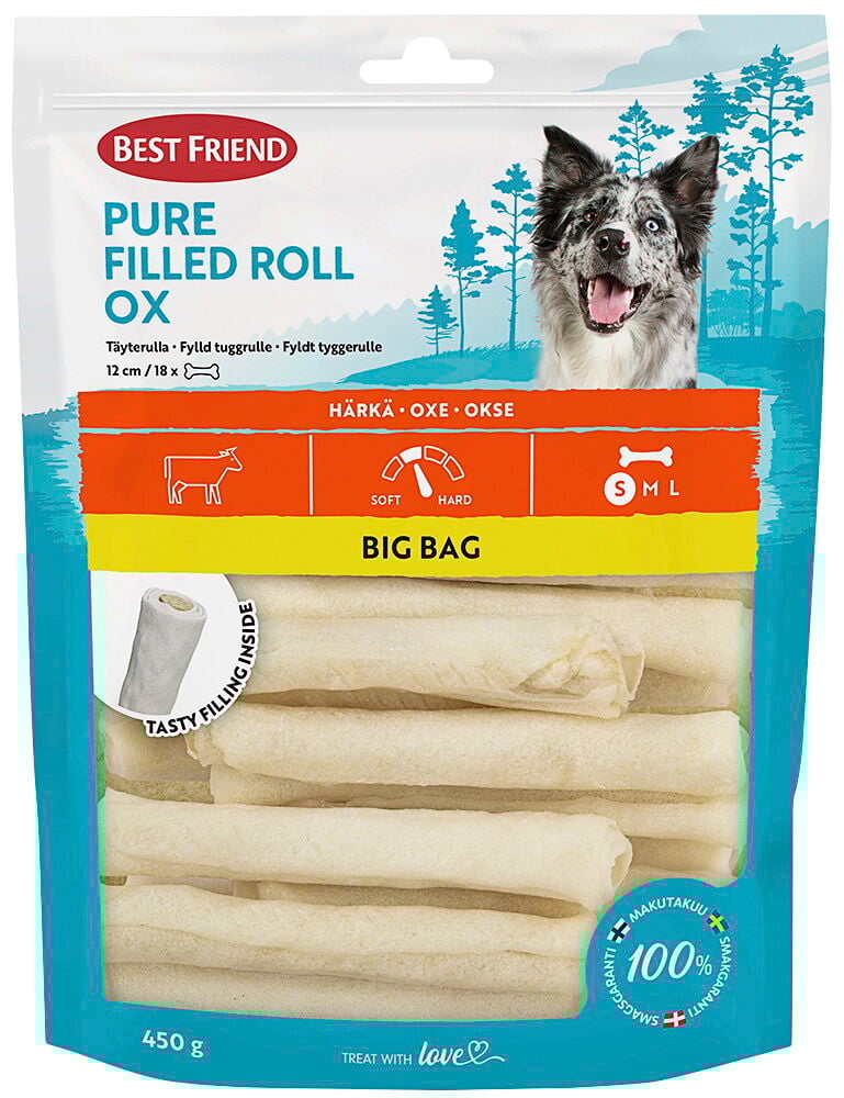Kirkas muovipussi täynnä valkoisia Pure Filled Ox pururullia. Koira on kuvassa.