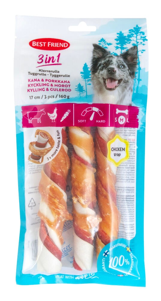 Läpinäkyvä pussi sisältää kolme kieritettyä 160g Chicken & Porkkana pururullaa koirille.