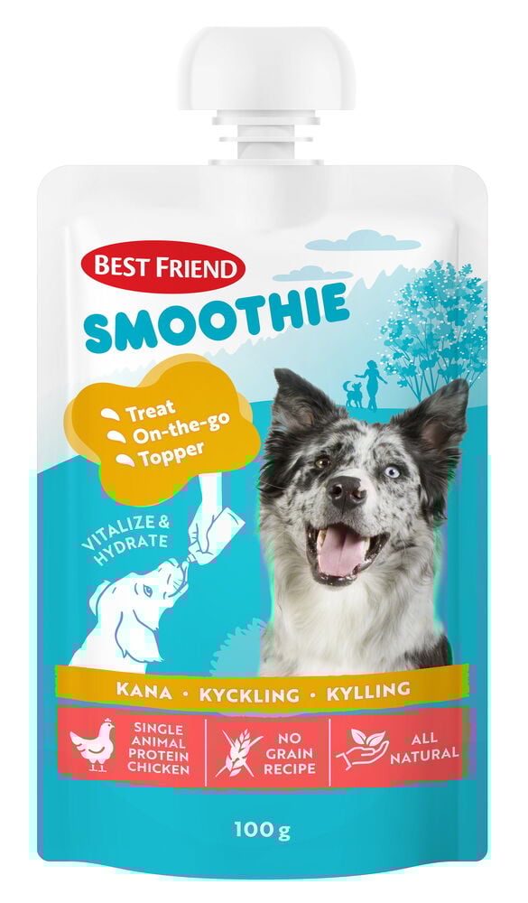Hundegodbiter Best Friend Smoothie 100 g Kylling-pose, hvit og blå, med hvitt lokk og hundebilde.
