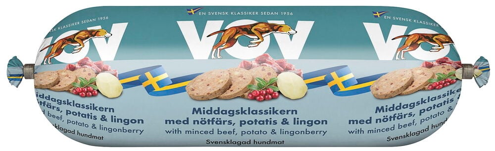 Våtfôr, hund VOV 550 g med kjøttdeig, potet, tyttebær i lyseblå sylinderpakning.