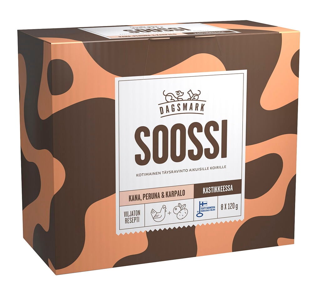 Ruskea ja persikanvärinen Soossi koirien märkäruoka laatikko, kana, peruna, karpalo kastikkeessa, 8x120g.