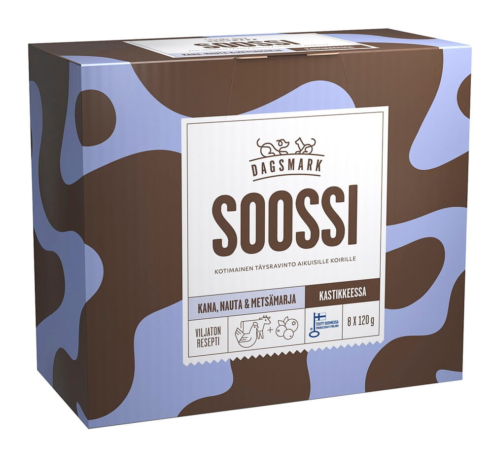 Ruskea-sininen Soossi koirien märkäruokalaatikko, 8x120g, kanaa, nautaa & metsämarjaa kastikkeessa.