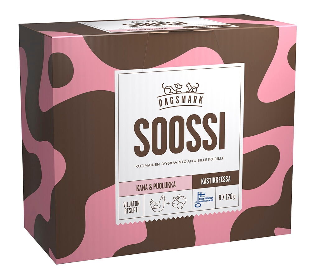 Koirien märkäruoka Soossi 8x120 g Chicken, Lingonberry in Gravy laatikko, vaaleanpunainen ja ruskea aaltokuvio.