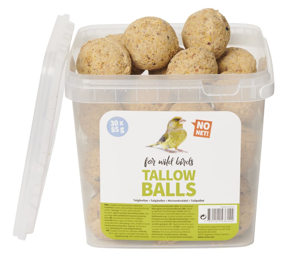 En plastburk med många runda talgbollar.