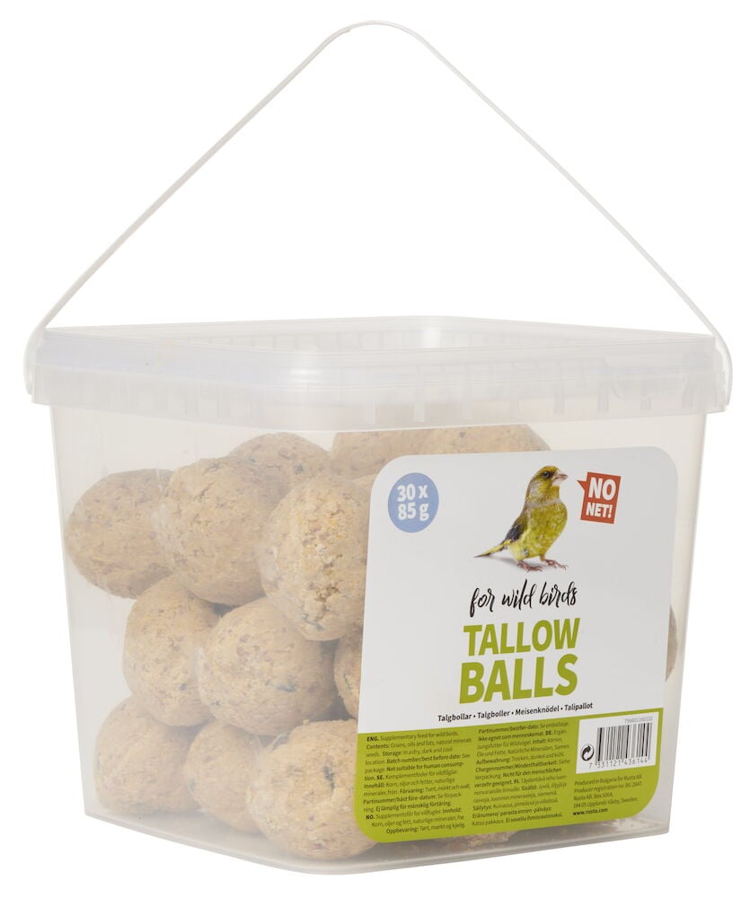 Genomskinlig hink med talgbollar för vilda fåglar.