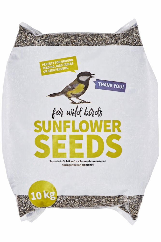 Påse med solrosfrön och fågelillustration på framsidan.