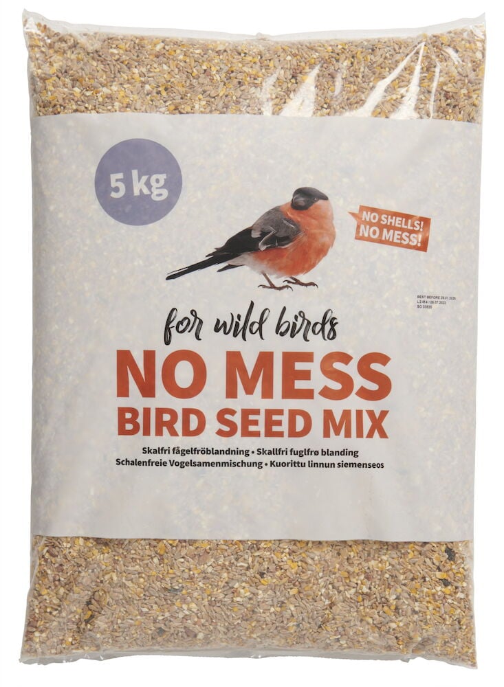 Genomskinlig påse med fågelfröblandning 5 kg.
