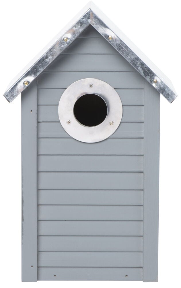 Harmaa linnunpönttö puusta, sinkkivahvistetulla katolla.