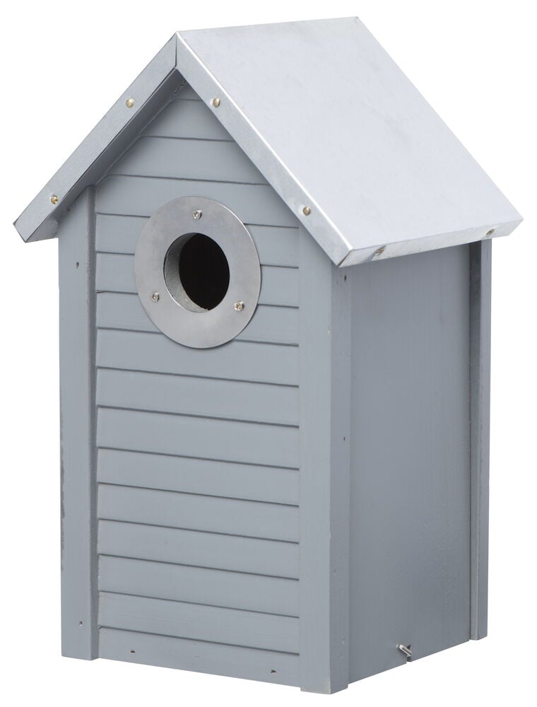 Harmaa lintulauta puusta sinkkivahvistetulla sisäänkäynnillä.