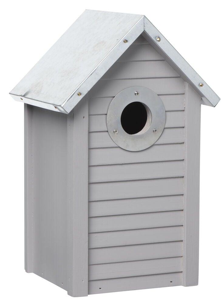 Harmaa linnunpönttö sinkkivahvistetulla sisäänkäynnillä ja katolla.