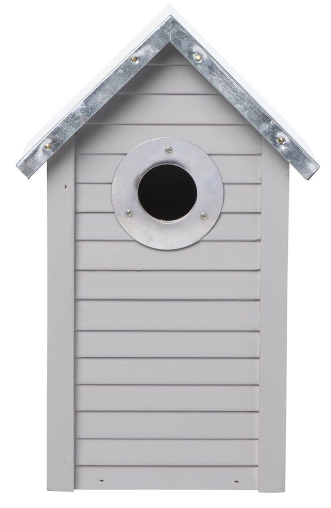 Harmaa puinen linnunpönttö metallit katolla ja aukolla.