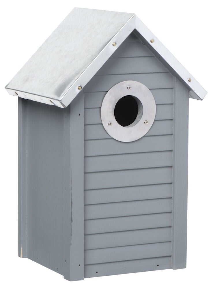 Harmaa puinen linnunpönttö sinkkivahvisteisella katolla.