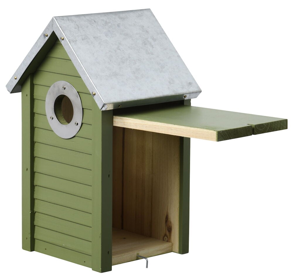 Vihreä puinen lintulauta avattavalla sivulla.