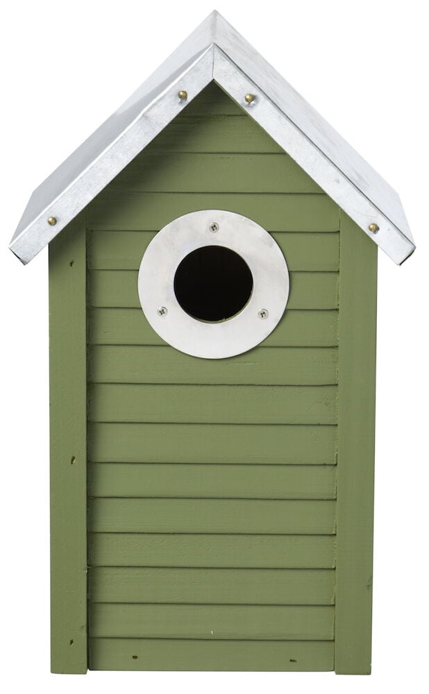 Vihreä linnunpönttö sinkkivahvisteisella sisäänkäynnillä ja katolla.