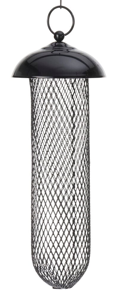 Musta metallinen lintujen syöttölaite pähkinöille, jossa kupukansi, timanttiverkko ja ripustusrengas.