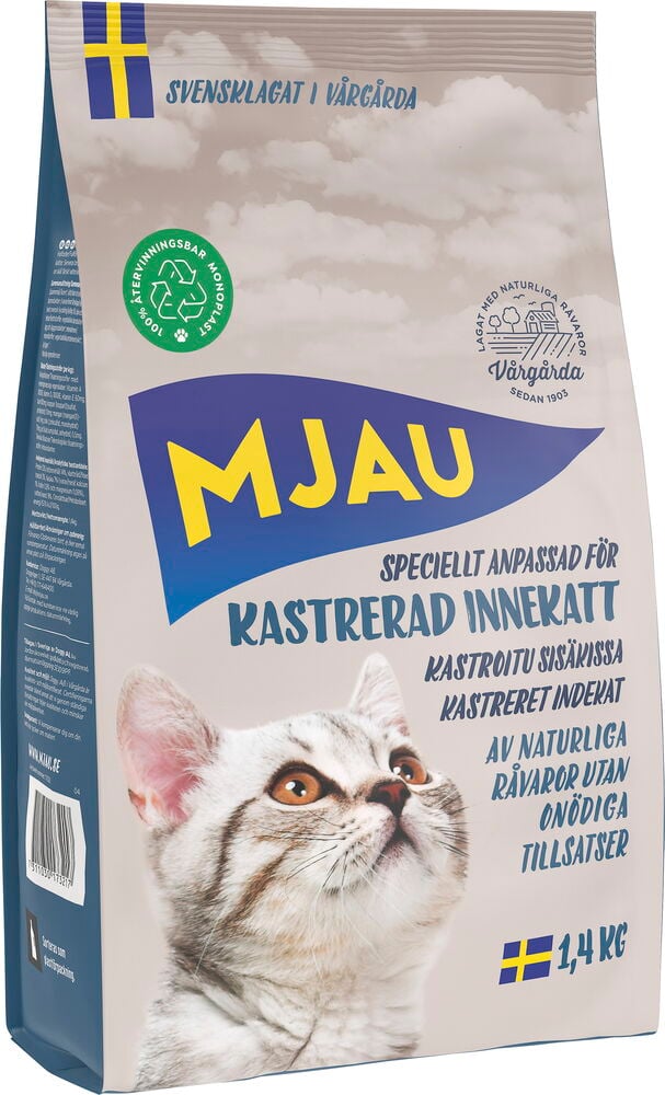 Kissojen kuivaruoka Mjau 1,4 kg Kastroidut sisäkissat Kanaa kuivaruokapussi kissan kuvalla.