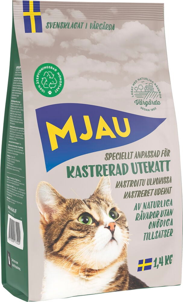 Valkoinen pussi Mjau 1,4 kg Kastroidut ulkoilevat Kanaa kissojen kuivaruokaa, jossa kissa.