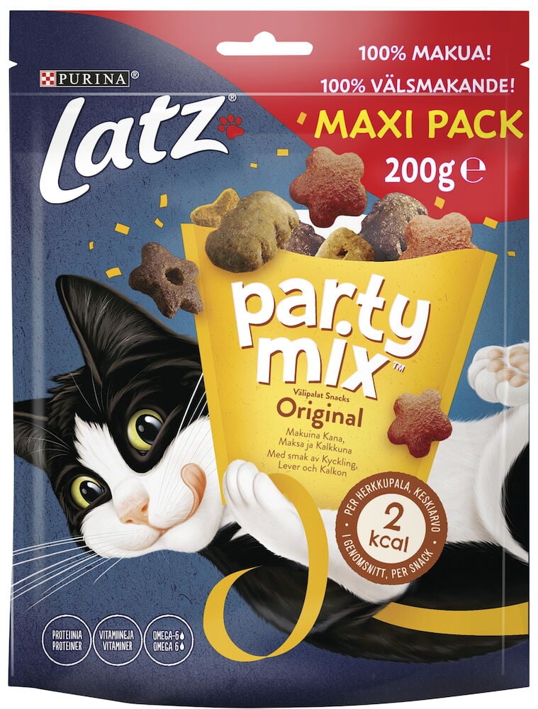 Blå påse kattgodis med tecknad svartvit katt.