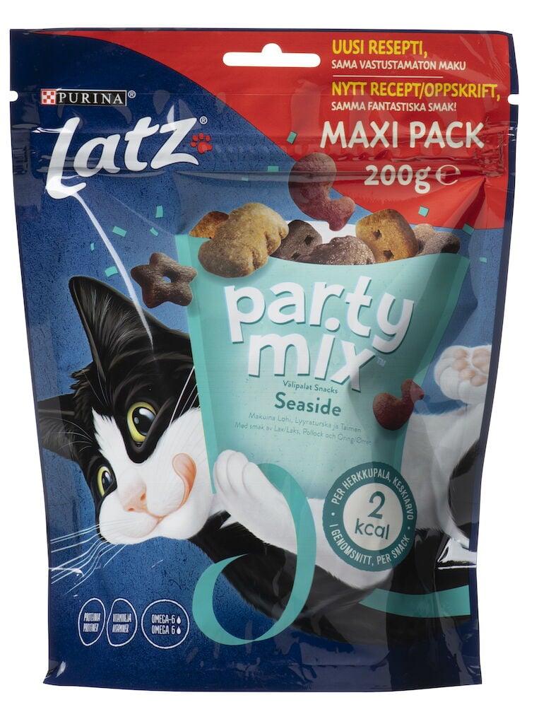 Blå påse Latz kattgodis med tecknad katt.