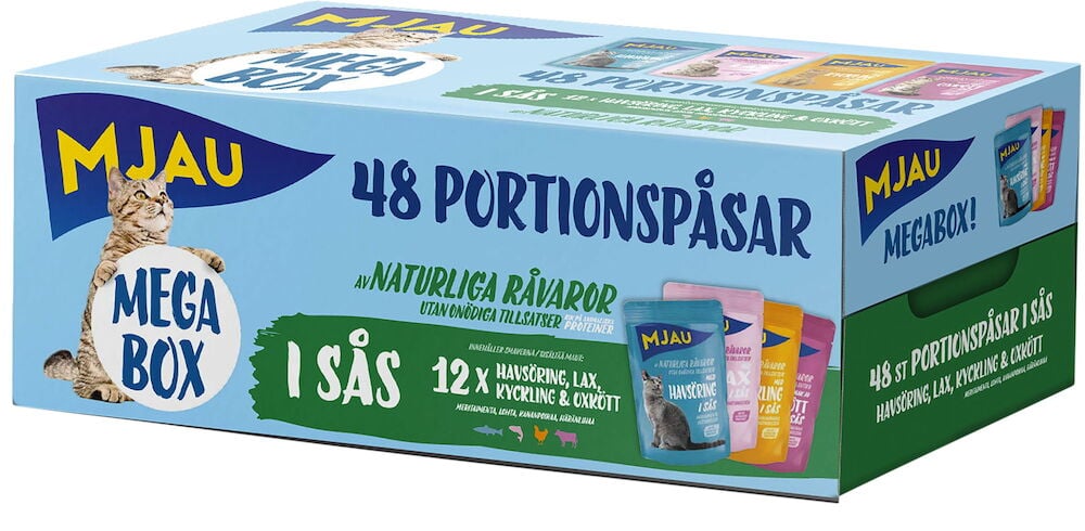 Blå kartong med 48 portionspåsar kattmat i sås.