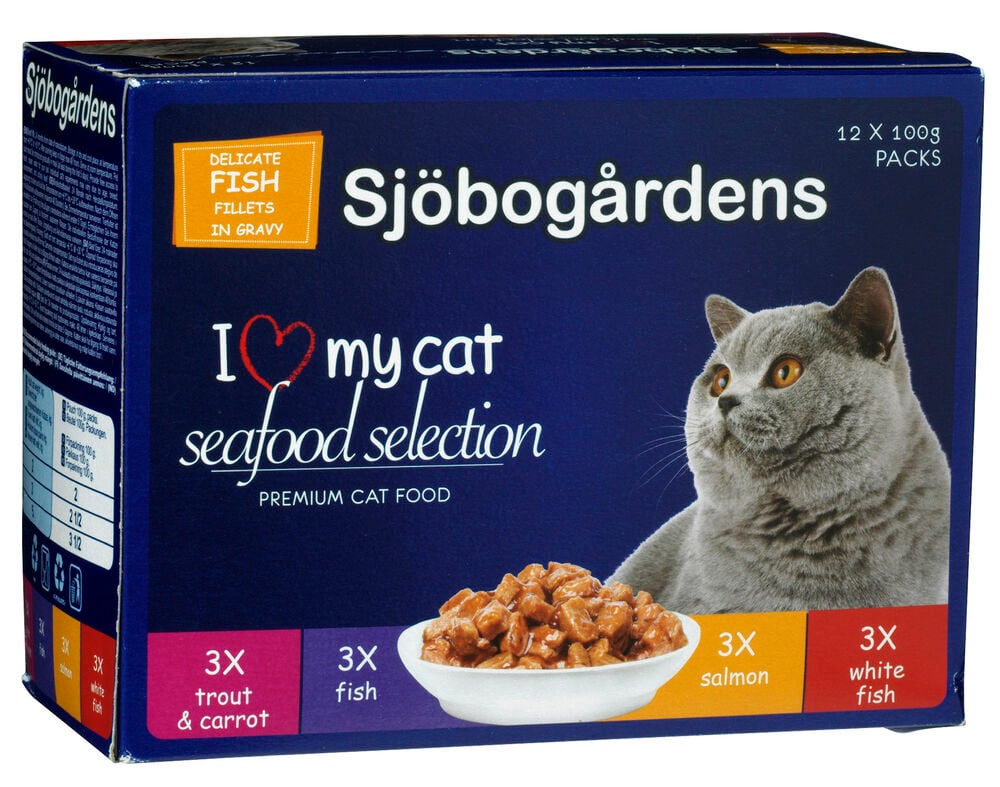 Blå förpackning med katt och våtfoder i skål.