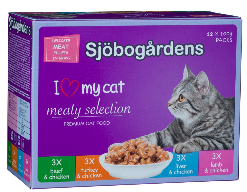 Lila kartonki, jossa kissa ja kulho märkäruokaa.