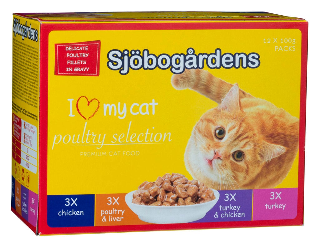 Kissanruokapakkaus, jossa on oranssi kissa ja ruokakulho.