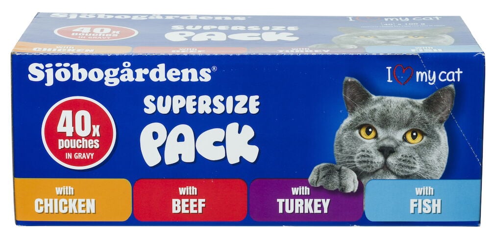 Blå kartong med katt och olika smaker våtfoder.