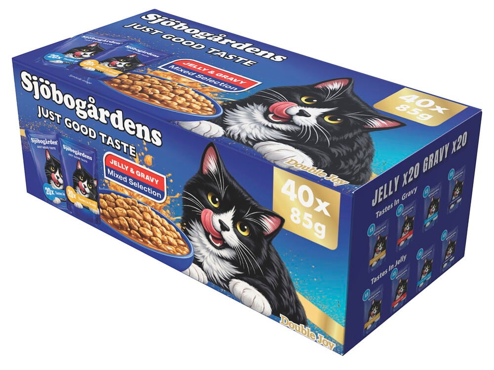 Sininen Sjöbogårdens märkäruokalaatikko kissoille, 40x85g Mixed Gravy & Jelly, nuoleva kissan kuva.