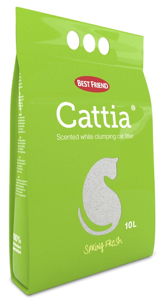 Grön förpackning Cattia kattsand med vit katt.