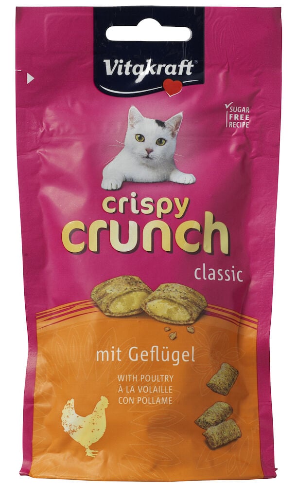 Rosa påse kattgodis Vitakraft Crispy Crunch med kyckling.