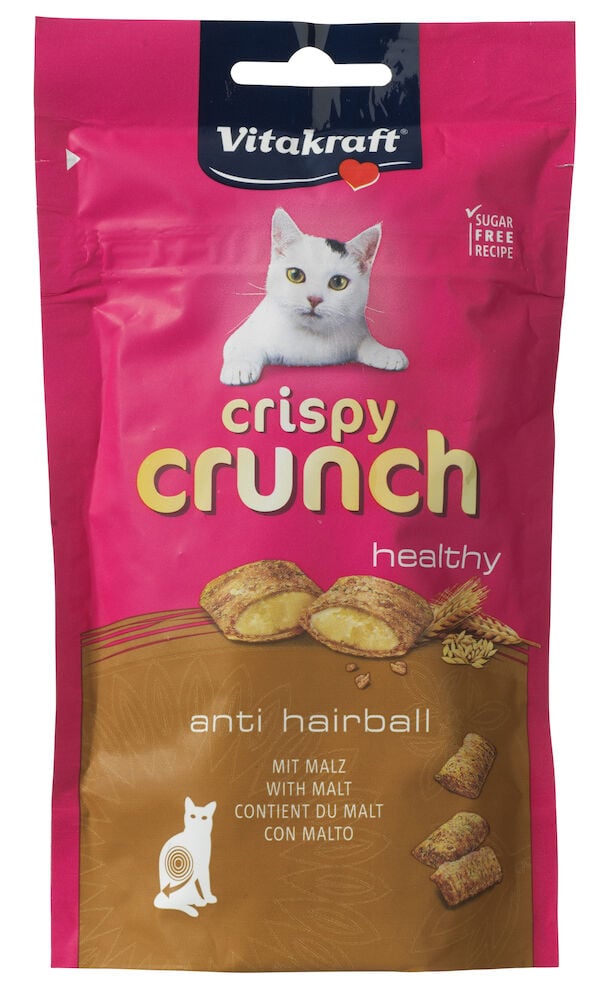 Rosa påse kattgodis Vitakraft Crispy Crunch malt.