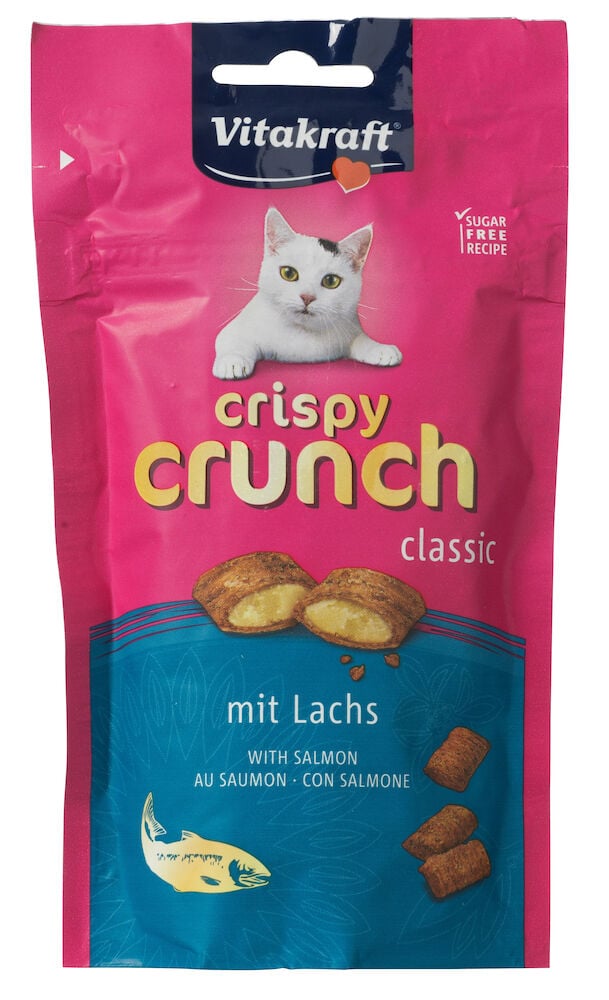 Rosa påse kattgodis Vitakraft med kattmotiv.