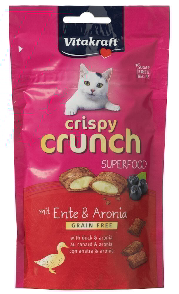 Röd påse Vitakraft kattgodis med anka och aronia.