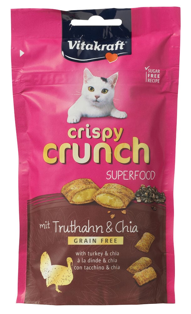 Rosa förpackning kattgodis med kalkon och chia.